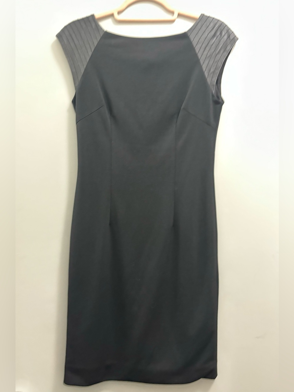 RUDSAK Black Midi Sheath Dress with Pleated Cap Sleeves